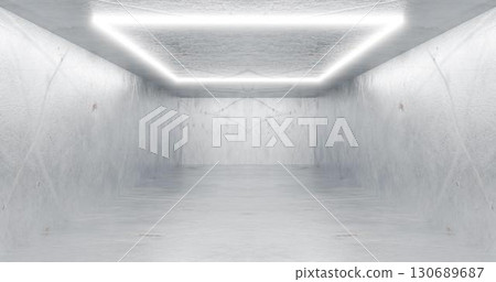 3d rendering. Neon rectangle or square, white in a bright room from mrmor. Glossy shading on the walls. 3d rendering. Neon rectangle or square, white in a bright room from mrmor. Glossy shading on the walls. 130689687