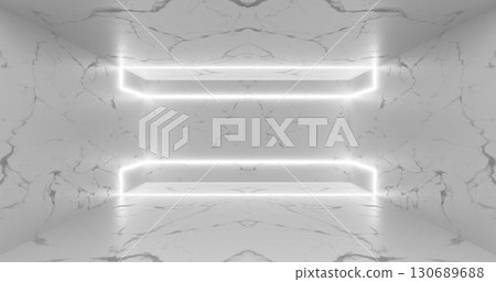 3d rendering. Neon rectangle or square, white in a bright room from mrmor. Glossy shading on the walls. 3d rendering. Neon rectangle or square, white in a bright room from mrmor. Glossy shading on the walls. 130689688