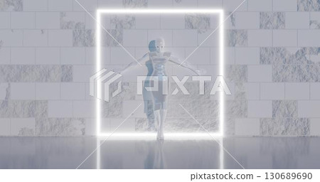 3D rendering. A mannequin girl made of a light glossy material, dressed in bright glossy clothes, leaning against the wall in the interior of a luminous square frame, against the background of a brick 3D rendering. A mannequin girl made of a light glossy material, dressed in bright glossy clothes, leaning against the wall in the interior of a luminous square frame, against the background of a brick 130689690