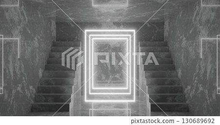 3D rendering. Abstract room interior with staircase and white neon lights. Futuristic architecture background. A box with a concrete wall. Mockup for your design project. 3D rendering. Abstract room interior with staircase and white neon lights. Futuristic architecture background. A box with a concrete wall. Mockup for your design project. 130689692