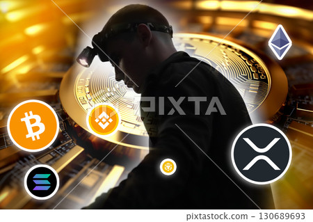 a man, a trader, with a focus on a Bitcoin coin and a professional and an elegant design. Bitcoin trader stock market crash. cryptocurrency financial volatility. financial collapse conceptual art a man, a trader, with a focus on a Bitcoin coin and a professional and an elegant design. Bitcoin trader stock market crash. cryptocurrency financial volatility. financial collapse conceptual art 130689693