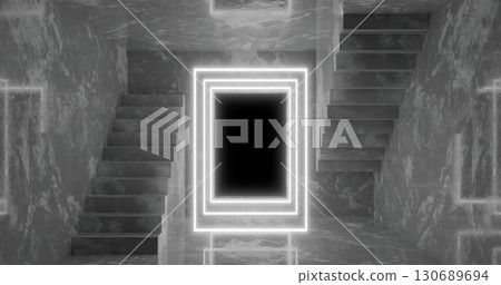 3D rendering. Abstract room interior with staircase and white neon lights. Futuristic architecture background. A box with a concrete wall. Mockup for your design project. 3D rendering. Abstract room interior with staircase and white neon lights. Futuristic architecture background. A box with a concrete wall. Mockup for your design project. 130689694