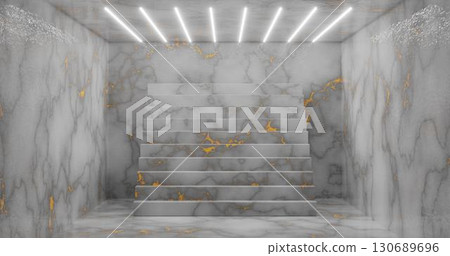 3D rendering. Abstract room interior with staircase and white neon lights. Futuristic architecture background. A box with a concrete wall. Mockup for your design project. 3D rendering. Abstract room interior with staircase and white neon lights. Futuristic architecture background. A box with a concrete wall. Mockup for your design project. 130689696
