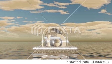 3d rendering. An abstract composition of geometric shapes made of stone, of various shapes with neon inserts, located on a rectangular podium. Seascape with clouds. 3d rendering. An abstract composition of geometric shapes made of stone, of various shapes with neon inserts, located on a rectangular podium. Seascape with clouds. 130689697