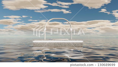 3d rendering. A circular arch on a marble stone pavement, illuminated by bright neon light, is located on the water surface of the ocean in a daytime sky with clouds. 130689699