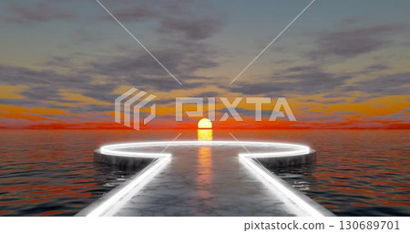 3d rendering. A round square with an alley of marble stone, illuminated with bright neon light, located on the water surface of the ocean at sunset with clouds. 3d rendering. A round square with an alley of marble stone, illuminated with bright neon light, located on the water surface of the ocean at sunset with clouds. 130689701