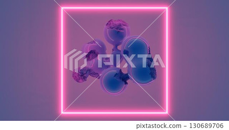 3d rendering. A neon square of pink light among dilapidated spheres of stone. Abstract frame for your design. Graphic illustration. 3d rendering. A neon square of pink light among dilapidated spheres of stone. Abstract frame for your design. Graphic illustration. 130689706