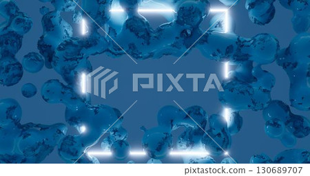 3d rendering. A neon square of blue light amid dilapidated stone spheres. Abstract frame for your design. Graphic illustration. 130689707