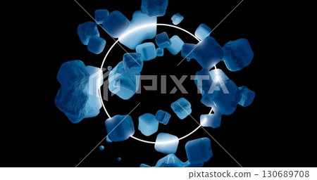 3d rendering. A neon circle of blue light among dilapidated cubes of stone. Abstract frame for your design. Graphic illustration. 3d rendering. A neon circle of blue light among dilapidated cubes of stone. Abstract frame for your design. Graphic illustration. 130689708