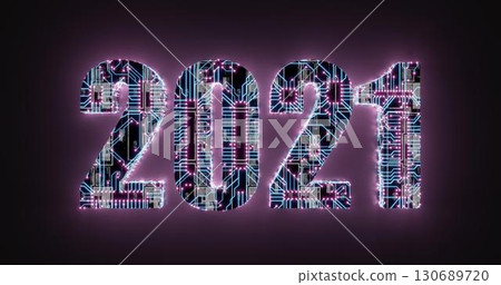 3d rendering. Illustration of 2021 lettering in electronic circuit style with neon tracks and contacts. High tech background. 3d rendering. Illustration of 2021 lettering in electronic circuit style with neon tracks and contacts. High tech background. 130689720