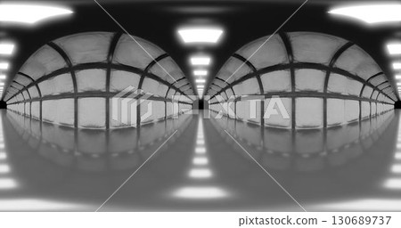 3d rendering. 360 degree HDDRI card. A corridor with soft, safe walls and neon lighting. Laboratory or gateway. 130689737