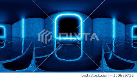 3d rendering. 360 degree HDDRI card. A room with soft, safe walls and neon blue lighting. Laboratory or gateway. 130689738