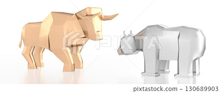 Geometrical bull and bear - stock exchange, market concept - 3D illustration Geometrical bull and bear - stock exchange, market concept - 3D illustration 130689903