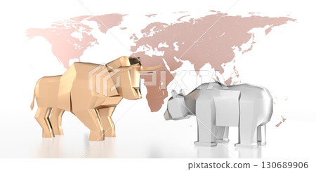 Bull and bear, world map - stock exchange, market concept - 3D illustration 130689906