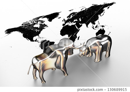 Bull and bear, world map - stock exchange, market concept - 3D illustration Bull and bear, world map - stock exchange, market concept - 3D illustration 130689915