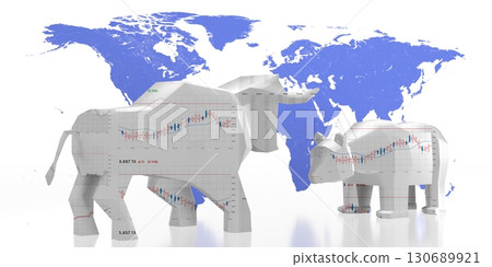 Bull and bear, world map - stock exchange, market concept - 3D illustration 130689921