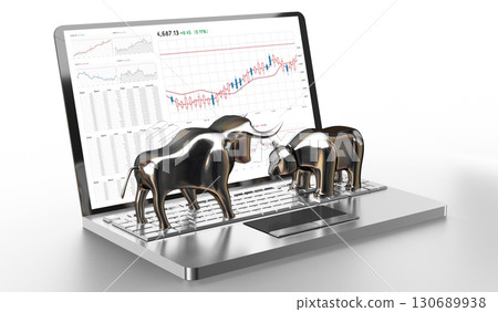 Bull and bear, calculator - stock exchange, finane concept - 3D illustration 130689938