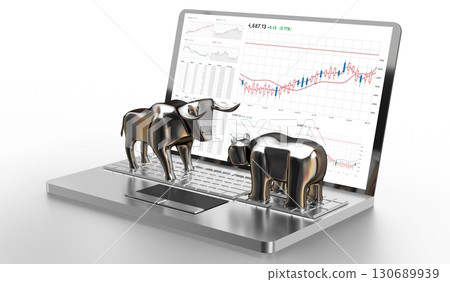 Bull and bear, calculator - stock exchange, finane concept - 3D illustration 130689939