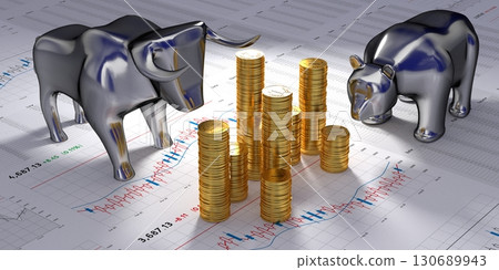 Bull and bear, money - stock exchange, market concept - 3D illustration 130689943
