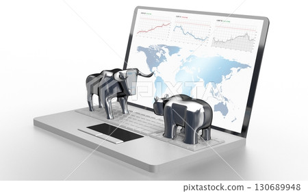 Bull and bear, calculator - stock exchange, finane concept - 3D illustration Bull and bear, calculator - stock exchange, finane concept - 3D illustration 130689948