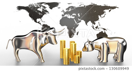 Bull and bear, money - stock exchange, market concept - 3D illustration Bull and bear, money - stock exchange, market concept - 3D illustration 130689949