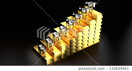 Bulls and bears, gold ingots - stock exchange, market concept - 3D illustration 130689961