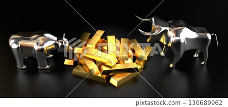 Bull and bear, gold ingots - stock exchnage, market concept - 3D illustration 130689962
