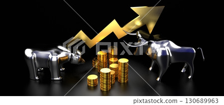 Bull and bear, growth chart - stock exchange, market concept - 3D rendering Bull and bear, growth chart - stock exchange, market concept - 3D rendering 130689963