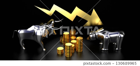 Bull and bear, crisis chart - stock exchange, finance concept - 3D rendering 130689965