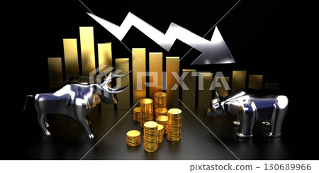 Bull and bear, crisis chart - stock exchange, finance concept - 3D rendering 130689966
