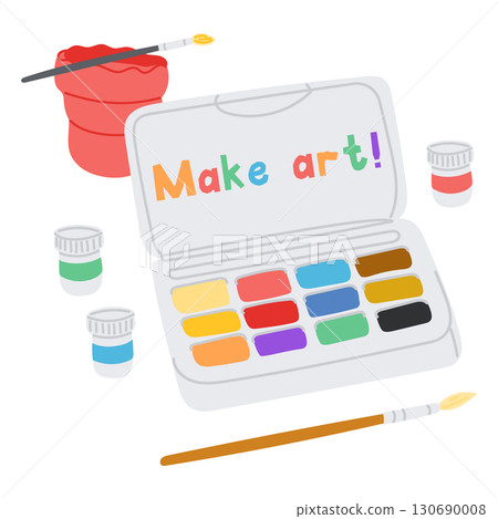 Watercolor paint set with brush, jars and colorful make art message in playful flat style Watercolor paint set with brush, jars and colorful make art message in playful flat style 130690008