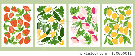 Colorful flat illustrations of strawberries, cucumbers, radishes and lemons with leaves on individual posters Colorful flat illustrations of strawberries, cucumbers, radishes and lemons with leaves on individual posters 130690011