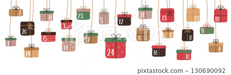 colorful hanging advent calendar 24 christmas gifts isolated vector illustration 130690092