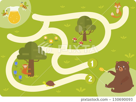 Cartoon board dice game with map road. Education adventure for kids with characters. Bear with friend in the garden,Vector illustrations. 130690093