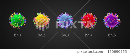 BA.1, BA.2, BA.3, BA.4, BA.5 - SARS-CoV-2 Covid-19 coronavirus omicron variants - 3D illustration BA.1, BA.2, BA.3, BA.4, BA.5 - SARS-CoV-2 Covid-19 coronavirus omicron variants - 3D illustration 130690353
