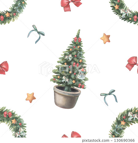 Seamless Christmas pattern with decorated tree and wreath, bows, stars, ornaments. Hand-drawn clipart isolated on white for wrapping paper, textile printing, wallpapers, posters, festive decor Seamless Christmas pattern with decorated tree and wreath, bows, stars, ornaments. Hand-drawn clipart isolated on white for wrapping paper, textile printing, wallpapers, posters, festive decor 130690366