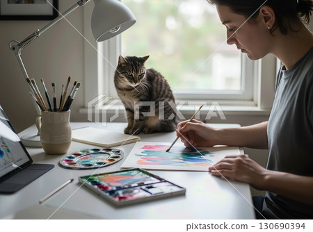 Artist Painting Watercolors in a Minimalist Home Office with a Cat and Natural Light 130690394