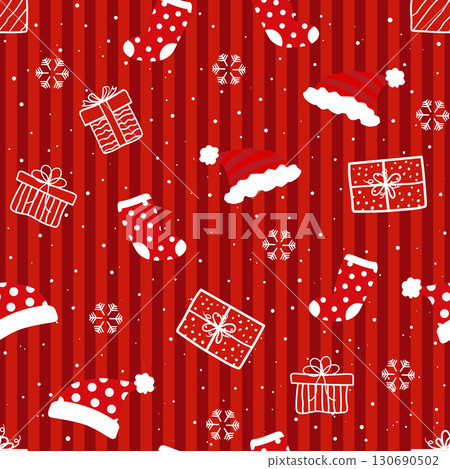 Cute hand drawn winter seamless pattern on red background,Celebrate theme for Christmas or New Year decorative 130690502