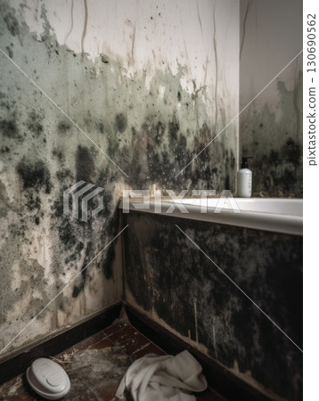 mold and fungus growth on a shower wall, showing dampness and water damage in the bathroom 130690562