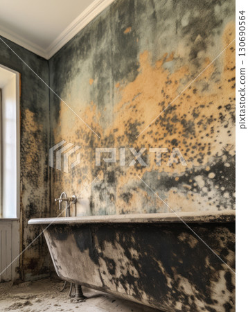 mold and fungus growth on a shower wall, showing dampness and water damage in the bathroom 130690564
