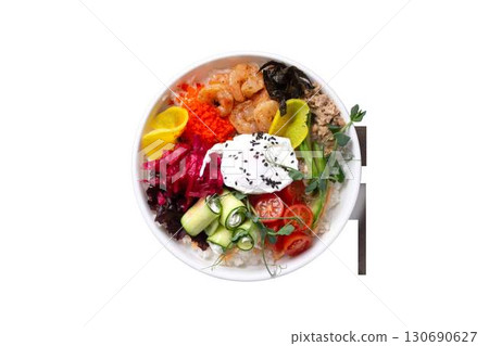 Top view of a colorful Poke Bowl with shrimp and vegetables without a background 130690627