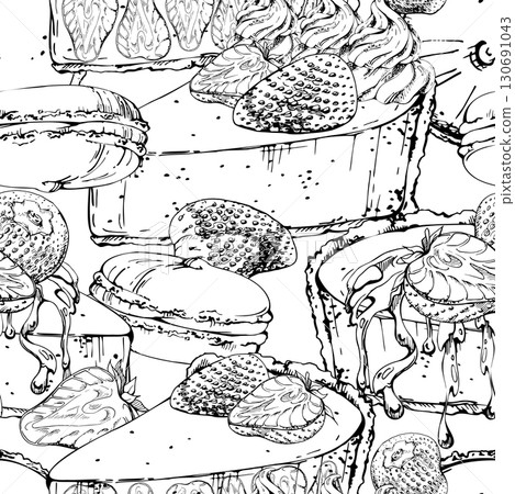 Vector ink layered souffle cheesecake and cocoa whoopie pie with ganache drizzle, fresh strawberry berry. Hand drawn dessert seamless pattern for party sets, food labels, artisanal product branding. Vector ink layered souffle cheesecake and cocoa whoopie pie with ganache drizzle, fresh strawberry berry. Hand drawn dessert seamless pattern for party sets, food labels, artisanal product branding. 130691043