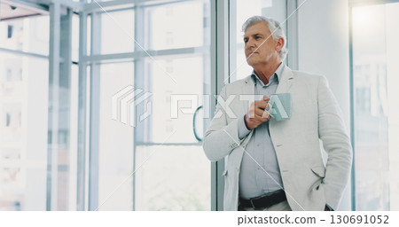 Businessman at office window with coffee, thinking and relax at workplace with ideas, inspiration and memory. Boss CEO or senior manager with drink, insight and reflection on future business decision Businessman at office window with coffee, thinking and relax at workplace with ideas, inspiration and memory. Boss CEO or senior manager with drink, insight and reflection on future business decision 130691052