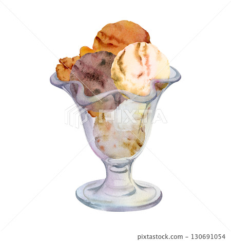 Scoop of vanilla chocolate creme brulee gelato ice cream in sundae tulip glass dessert bowl. Isolated illustration hand drawn in watercolor. Patisserie branding, gourmet packaging, kitchen print. 130691054