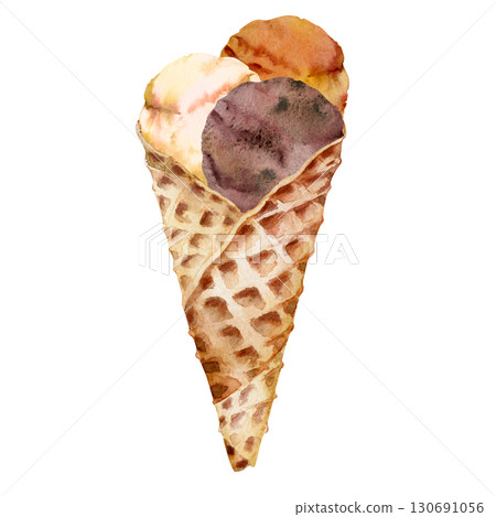 Caramel custard chocolate creme brulee gelato ice cream ball scoops in crispy baked waffle cone. Isolated illustration hand drawn in watercolor. Natural branding, cafe menu decor, street vendor panel 130691056