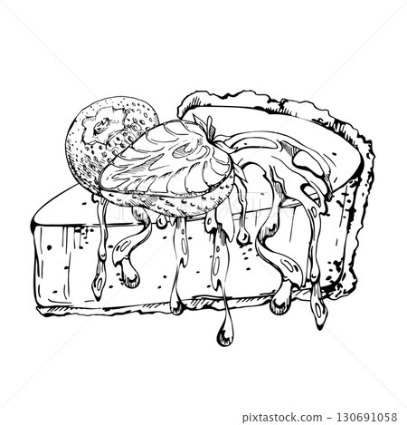 Fresh cut strawberry on cheesecake wedge with berries and jam syrup glaze trickle. Illustration hand drawn in vector ink, isolated for baking blog, product packaging, gourmet food journal graphics. 130691058