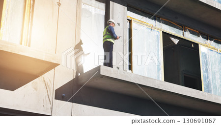 Construction site, architect and man with tablet, city and inspection of process, architecture and online. Building, inspector and person with tech for development, project management and renovation 130691067