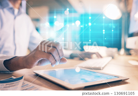 Closeup, hand and tablet with hologram, fintech and futuristic banking, investments and charts. Zoom, hands and device with connection, future and transactions for payments, data analysis and budget Closeup, hand and tablet with hologram, fintech and futuristic banking, investments and charts. Zoom, hands and device with connection, future and transactions for payments, data analysis and budget 130691105