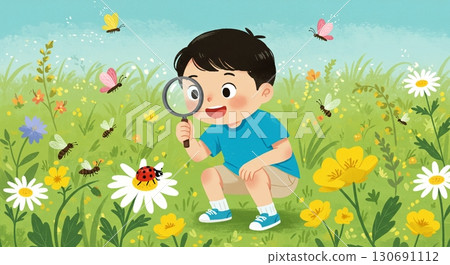 一個好奇的男孩在公園裡觀察昆蟲的插圖 130691112