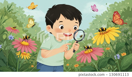 一個男孩在公園裡發現了一隻瓢蟲。真是激動人心的時刻。 130691113